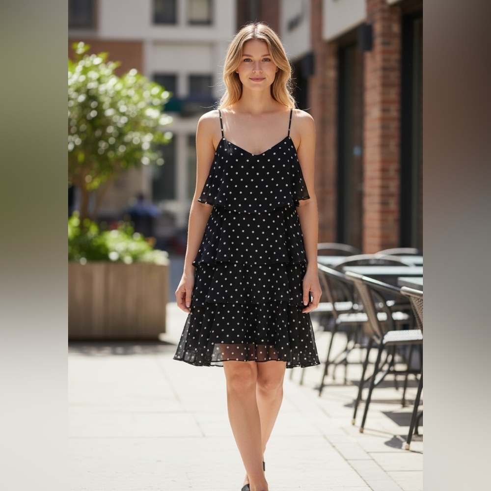 a new day Black and White Polka Dot Midi Dress